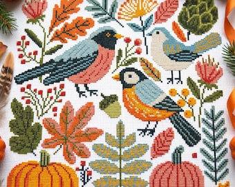 Autumn Birds Cross Stitch Pattern PDF, Fall Pumpkin Floral Embroidery Chart, Folk Art Harvest Decor, Instant Download cs79