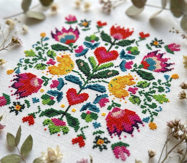 Folk Floral Cross Stitch Pattern PDF - cs55 image 2