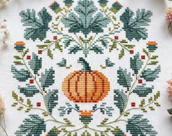 Autumn Pumpkin Cross Stitch Pattern PDF, Folk Art Fall Leaves Embroidery Chart, Harvest Botanical Decor, Instant Download cs80