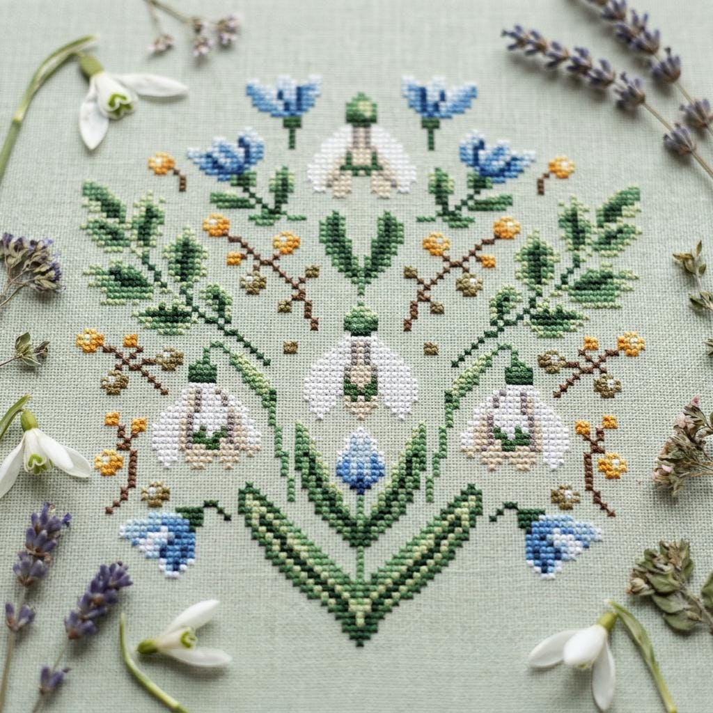 Snowdrop Folk Cross Stitch Pattern PDF – Spring Floral Sampler PDF