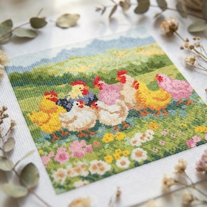 Patrón de punto de cruz "Pollitos de primavera" - Bordado de granja tradicional - Escena campestre de Pascua (PDF) - Gráfico de animales rústicos (cs36)