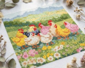 Spring Chickens Cross Stitch Pattern – Folk Farm Embroidery – Easter Country Scene PDF – Rustic Animal Chart cs36