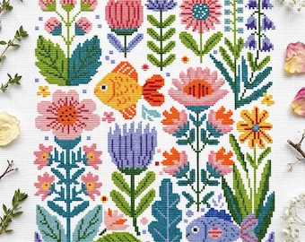 Primitive Summer Sampler Cross Stitch Pattern PDF, Folk Flowers and Fish, Colorful Garden Embroidery Chart cs74