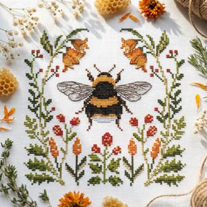 May include: A cross-stitch embroidery on white fabric featuring a central bumblebee with black and yellow stripes and translucent wings, surrounded by a symmetrical frame of green leaves, orange flowers, and small red berries in a grid pattern.