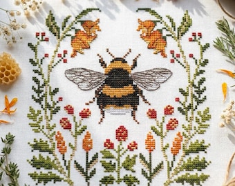 Autumn Bee Cross Stitch Pattern PDF, Folk Art Bumblebee Embroidery Chart, Fall Floral Botanical Design, Instant Download cs89