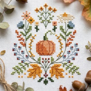 Kreuzstichmuster „Herbstliche Kürbisse“ (PDF), Stickvorlage für Herbstblumen, botanische Erntedekoration, Sofort-Download cs83 Bild 2