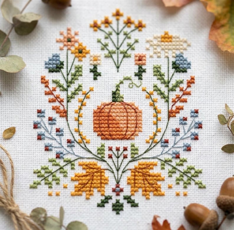 Kreuzstichmuster „Herbstliche Kürbisse“ (PDF), Stickvorlage für Herbstblumen, botanische Erntedekoration, Sofort-Download cs83 Bild 2