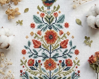 Blumen Weihnachtsbaum Kreuzstichmuster | Volkskunst-Stickerei PDF | Vogel Feiertagsdekor - cs50