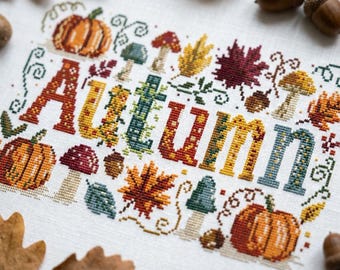 Autumn Cross Stitch Pattern PDF, Fall Pumpkin Embroidery Chart, Mushroom Leaves Harvest Decor, Instant Download cs84
