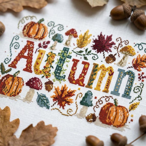 Autumn Cross Stitch Pattern PDF, Fall Pumpkin Embroidery Chart, Mushroom Leaves Harvest Decor, Instant Download cs84