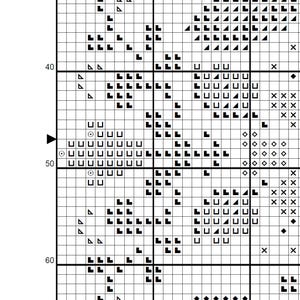 May include: A black and white cross-stitch pattern grid with various symbols, including squares, triangles, and X's. The grid is divided into numbered rows and columns, ideal for needlepoint or embroidery projects.