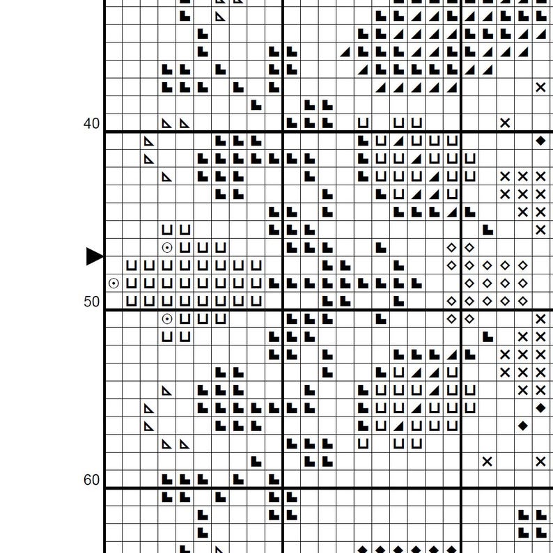 May include: A black and white cross-stitch pattern grid with various symbols, including squares, triangles, and X's. The grid is divided into numbered rows and columns, ideal for needlepoint or embroidery projects.