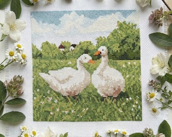 Spring Geese Cross Stitch Pattern – Folk Farm Embroidery – Easter Country Scene PDF – Rustic Animal Chart cs37