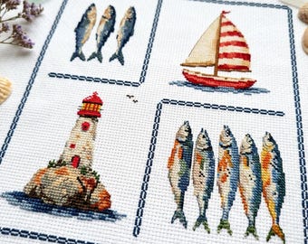 Maritime Sampler Cross Stitch Pattern PDF, Nautical Embroidery Chart, Lighthouse Sailboat Fish, Coastal Decor Instant Download cs72