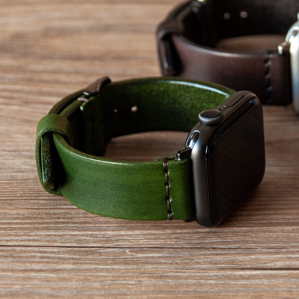 Apple Watch Band, 42mm, 38mm, 44mm, 40mm, 45mm, 49mm Ultra, Leather Watch Band, Forest Green, Series 1, 2, 3, 4, 5, 6, 7, 8, 9, SE, Handmade