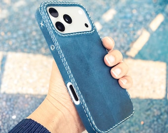 Leather iPhone Case – Jeans Blue, MagSafe Compatible, Fits iPhone 12–17 & Air Series, Customizable