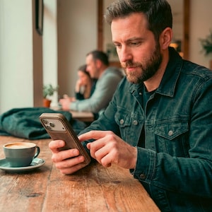 May include: A dark denim jacket with a button-down front and chest pockets, worn over a dark shirt. The jacket features a structured collar and long sleeves with buttoned cuffs, providing a classic look for casual settings in a coffee shop.