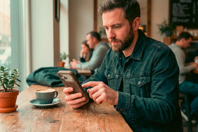 May include: A dark denim jacket with a button-down front and chest pockets, worn over a dark shirt. The jacket features a structured collar and long sleeves with buttoned cuffs, providing a classic look for casual settings in a coffee shop.