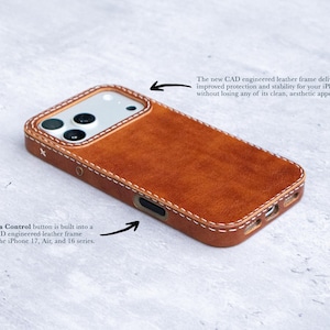 May include: A tan leather phone case with white stitching, featuring a camera cutout and a side button. Text on the image reads: The new CAD engineered leather frame delivers improved protection and stability for your iPhone without losing any of its clean, aesthetic appeal. The Camera Control button is built into a precision CAD engineered leather frame tailored for the iPhone 17, Air, and 16 series.