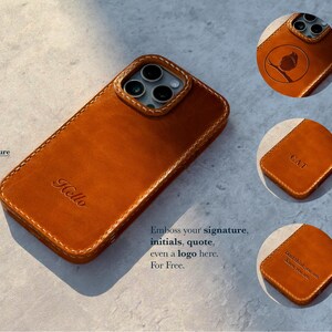 May include: A tan leather phone case with visible stitching around the edges and camera cutout. The case features the embossed word Hello. Three circular insets show examples of custom embossing including an owl logo, the initials CAT, and a quote.