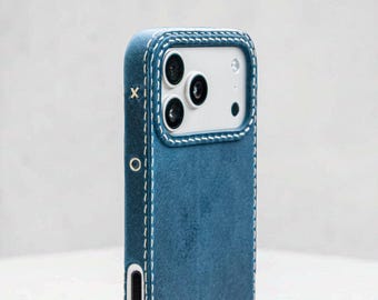 Leather iPhone Case – Jeans Blue, MagSafe Compatible, Fits iPhone 12–17 & Air Series, Customizable