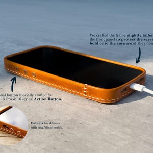 May include: A tan leather phone case for an iPhone, featuring white stitching, a raised frame for screen protection, and specific cutouts for the ring/silent switch and the iPhone 15 Pro and 16 series Action Button, with a white charging cable.