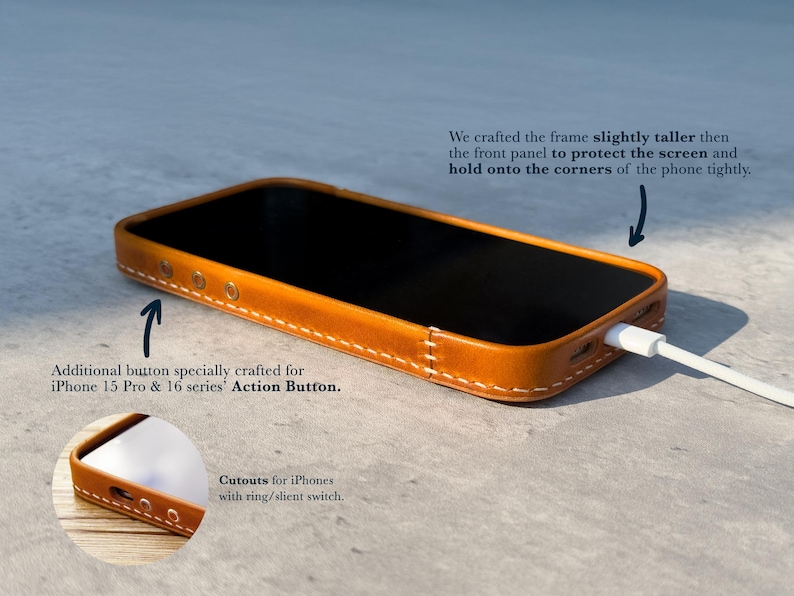 May include: A tan leather phone case for an iPhone, featuring white stitching, a raised frame for screen protection, and specific cutouts for the ring/silent switch and the iPhone 15 Pro and 16 series Action Button, with a white charging cable.
