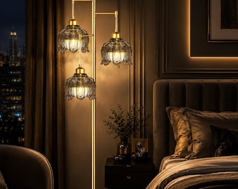 Luxury Vintage Floor Lamp, Gold Crystal Standing Lamp, Cozy Warm Ambient Lighting, Modern Antique Living Room Decor, Elegant Bedroom Light