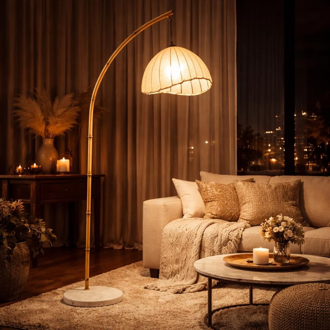 Vintage Bamboo Arc Floor Lamp – Luxury Cozy Night Light – 80” Tall Marble Base Standing Lamp – 7 Star Hotel Style Living Room Bedroom Decor