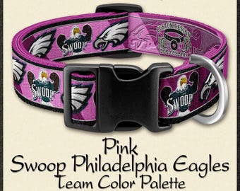 May include: Pink dog collar with a Philadelphia Eagles theme. The collar features a repeating pattern of the team's logo, the mascot "Swoop", and the team's colors. The collar is made of 100% polyester webbing and has a black plastic buckle.