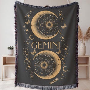 Personalized Gemini Woven Blanket, Custom Zodiac Throw, Astrology Home Decor