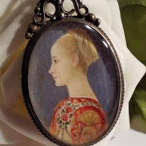 Antique Victorian sterling Italian Painted Portrait Pendant Georgian organic