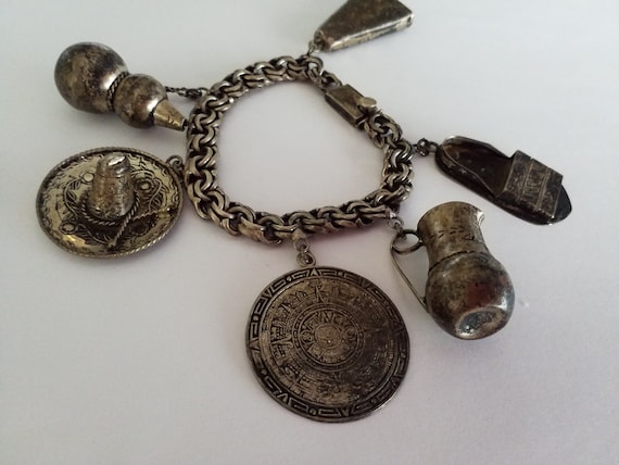 Huge Vintage Sterling Silver Mexican Charm Bracele
