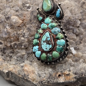 Antique sterling silver Turquoise Tibetan Pendant