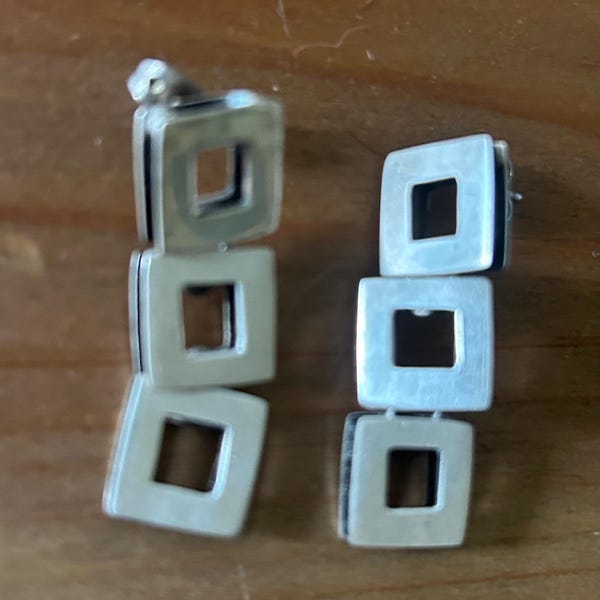 Sterling Silver post dangle earrings square box chain