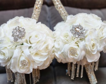 Rhinestone Dance Candles with White Floral Accents and Fringe Handles