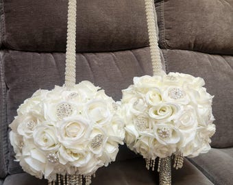 White Floral Pearl Dancing Candles with rhinestones and pearls