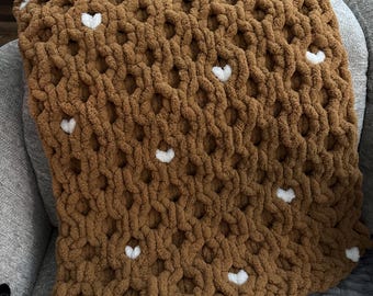 Chunky Caramel Heart Blanket: Honeycomb Knit Throw (30x36)
