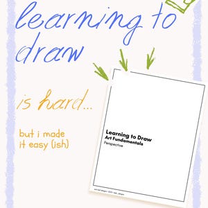 May include: A light cream-colored poster with blue and yellow accents. The text "learning to draw" is written in blue cursive, with the words "is hard..." in yellow. A white paper with the text "Learning to Draw Art Fundamentals Perspective" is in the lower right corner.