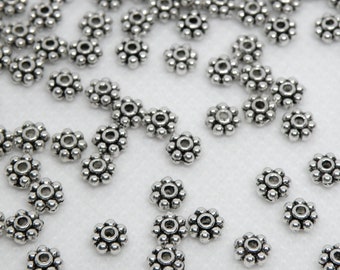 100 Daisy Spacer Beads Antique Silver thick beaded rondelle 5mm PE048-AS