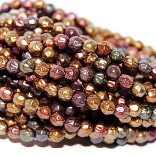 Textured Bicone Beads Czech Glass, Metallic Bronze Iris, Fire Polished Chameleon Matte Finish, Peacock Rainbow 4mm 50pcs CB4-1640-RCM