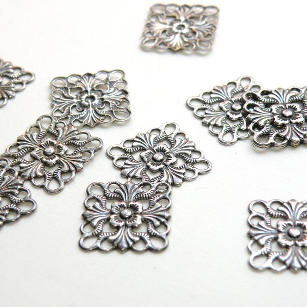 12 Flat scalloped square floral motif antique silver connector link or focal piece steampunk 16x16mm 5131FY