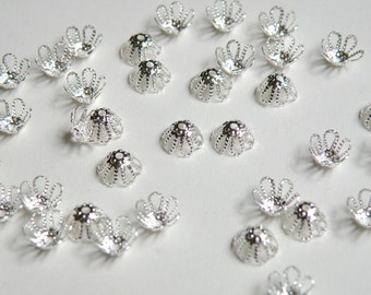 50 Bead caps filigree flower shiny silver plated nickel free brass 7mm (fits 7-9mm) A5572FN