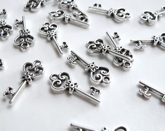 10 Heart skeleton key small charms antique silver 21x9mm P22625AS