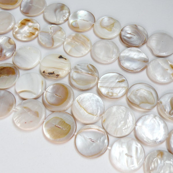 Natural Mother of Pearl shell flat round beads 20mm full strand CLEARANCE - sold as is - 1374CX