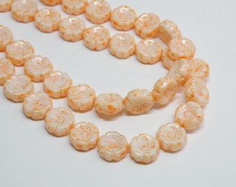 Czech Pressed Glass Hawaii Flower Beads, White Orange Lava Speckles, 12mm Hibiscus Floral 10pcs CB12-94K