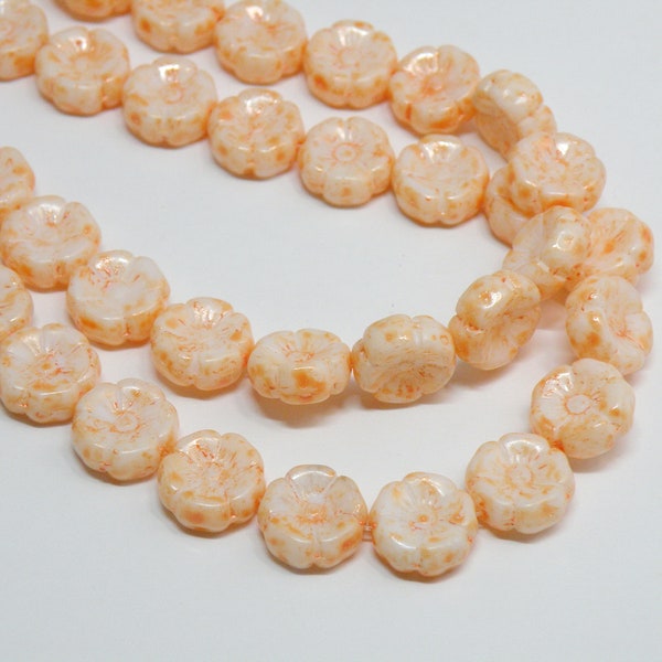 Czech Pressed Glass Hawaii Flower Beads, White Orange Lava Speckles, 12mm Hibiscus Floral 10pcs CB12-94K