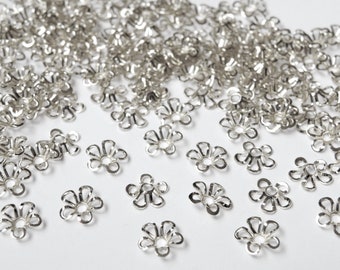 50 Bead caps flower filigree shiny silver plated copper 9mm (fits 6-9mm) DB60406