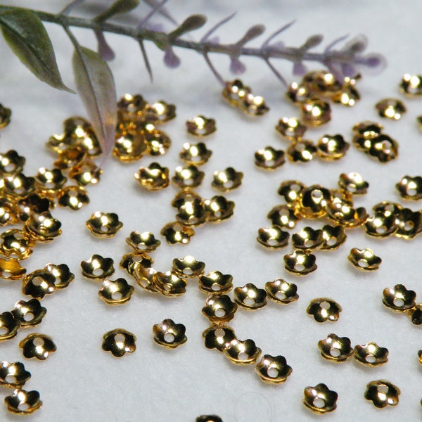 100 Tiny Scalloped Flower Bead Caps, Shiny Gold Nickel Free Plated Brass 4mm 5614FN