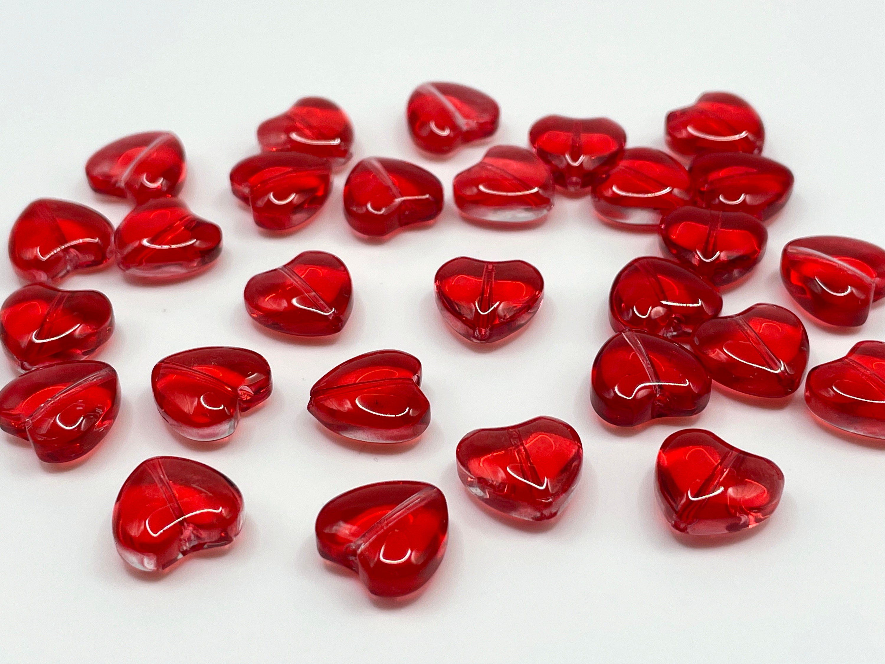Christmas Red Heart Czech Glass Beads, Siam Crystal Valentine's